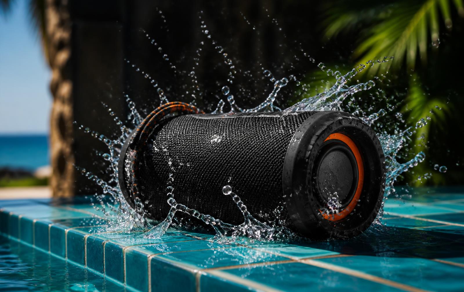 JBL Charge 6 salpicada de agua junto a una alberca en la playa