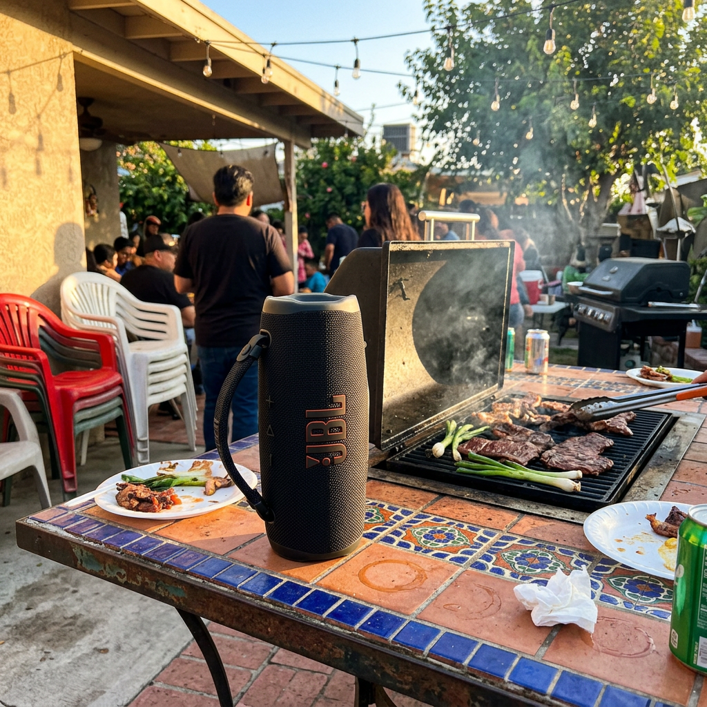 Foto de cliente: JBL Charge 6 en una mesa de patio junto al asador