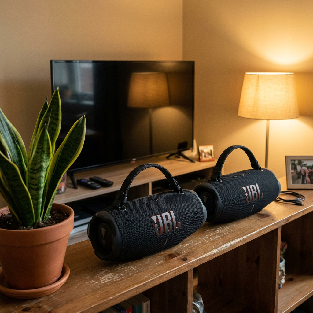 Foto de cliente: dos JBL Charge 6 conectadas en estéreo en la sala
